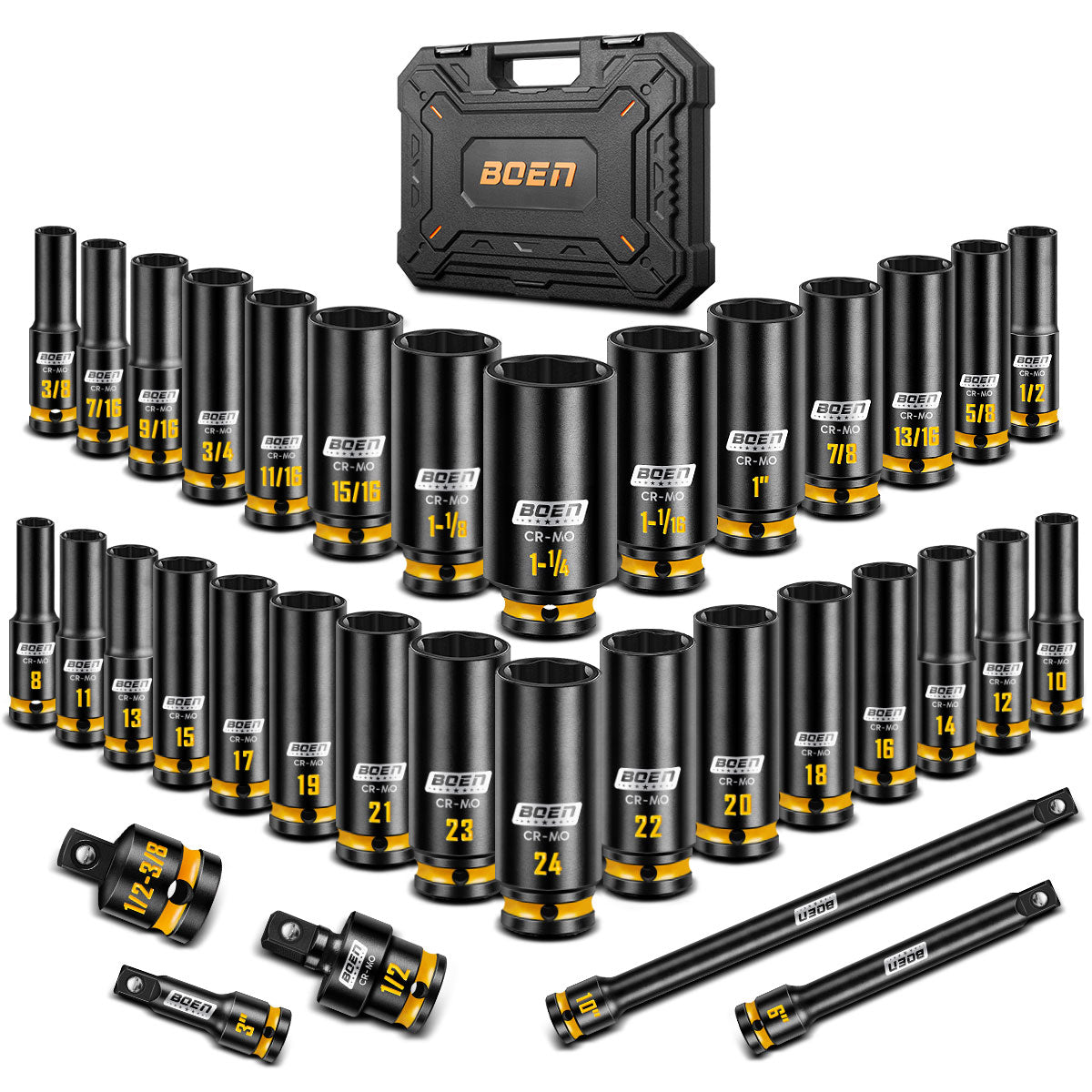 boen 1/2'' Drive Impact Socket Set, 35PCS SAE (3/8 to 1-1/4 inch) and Metric (8mm-24mm), Deep Socket Set, 6-Point with Yellow Embossed Marking, CR-MO