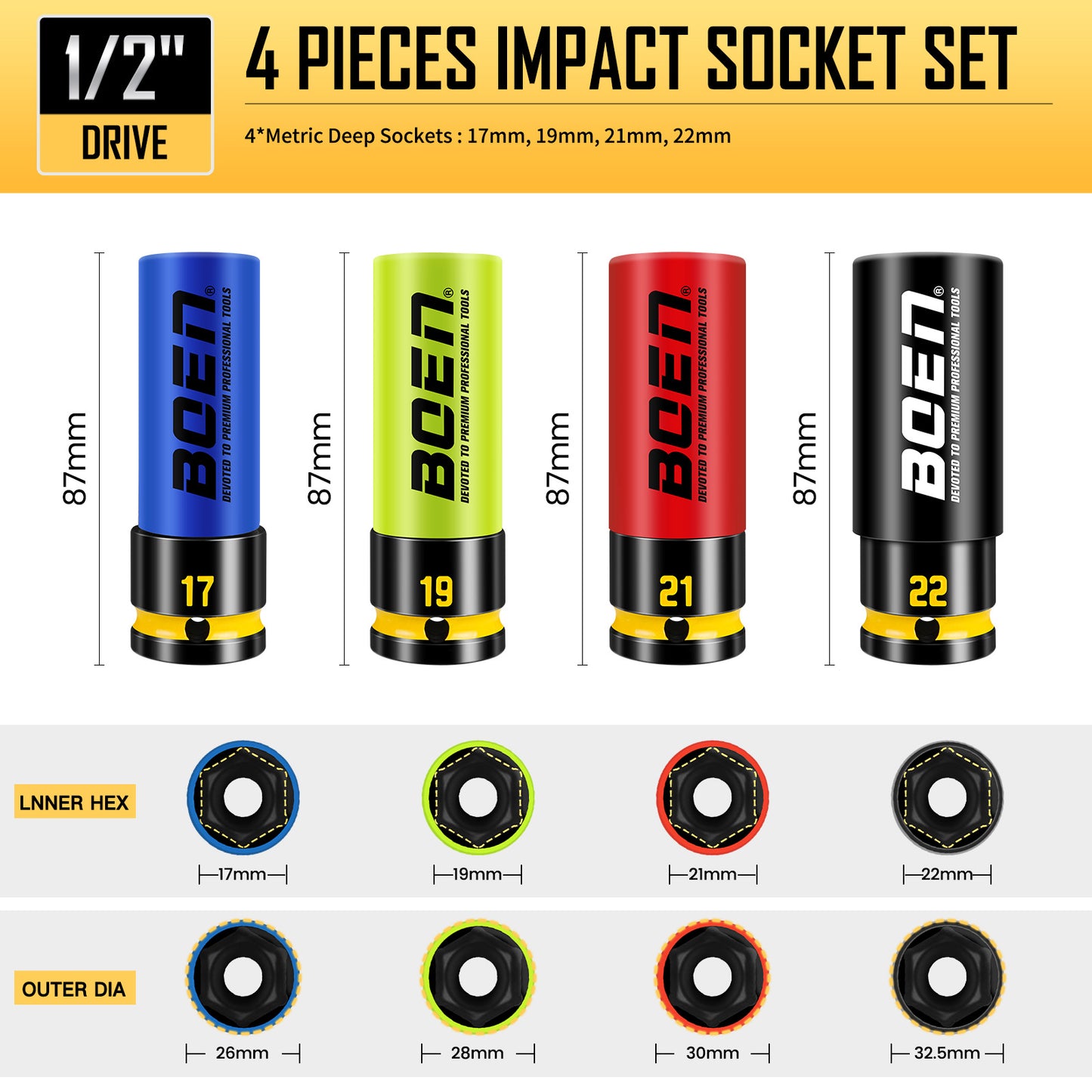 BOEN 1/2" Drive Impact Lug Nut Socket Set, 4 Pieces Non-Marring Thin Wall Wheel Protector Nut Socket, Metric (17, 19, 21, 22) mm, Color-Coded and Embossed and Painted Marking, CR-MO Steel