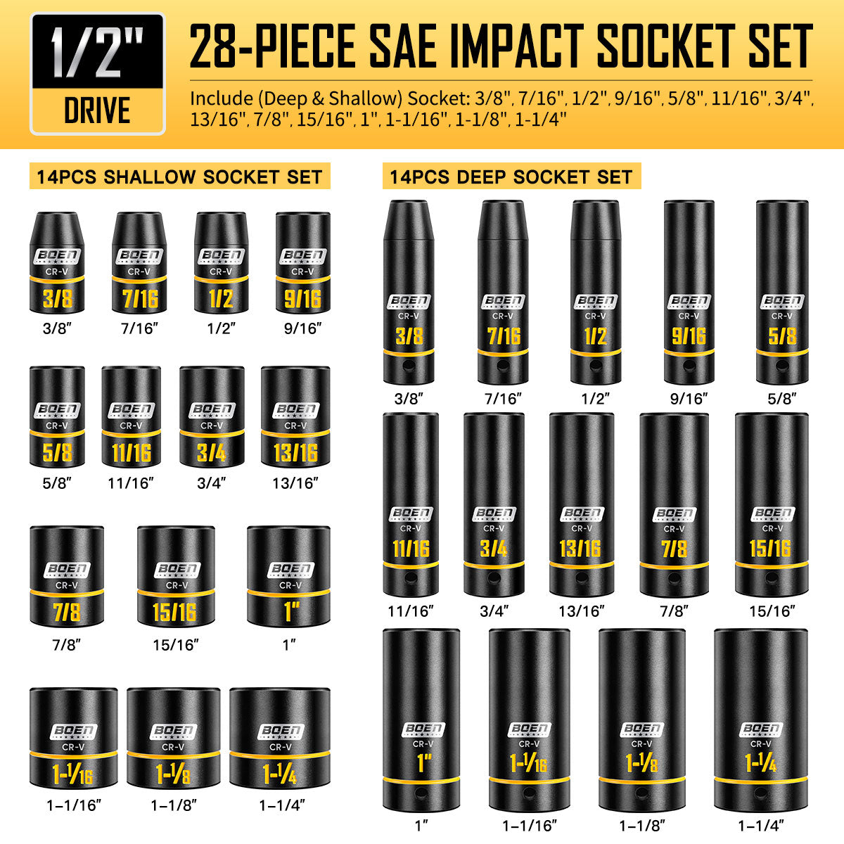 BOEN 1/2" Drive Impact Socket Set, 65-Piece Standard SAE (3/8" to 1-1/4") & Metric (10mm-24mm) Deep & Shallow Socket with Embossed Painted Marking, Includes Adapters, Ratchet Wrench, Extension Bars