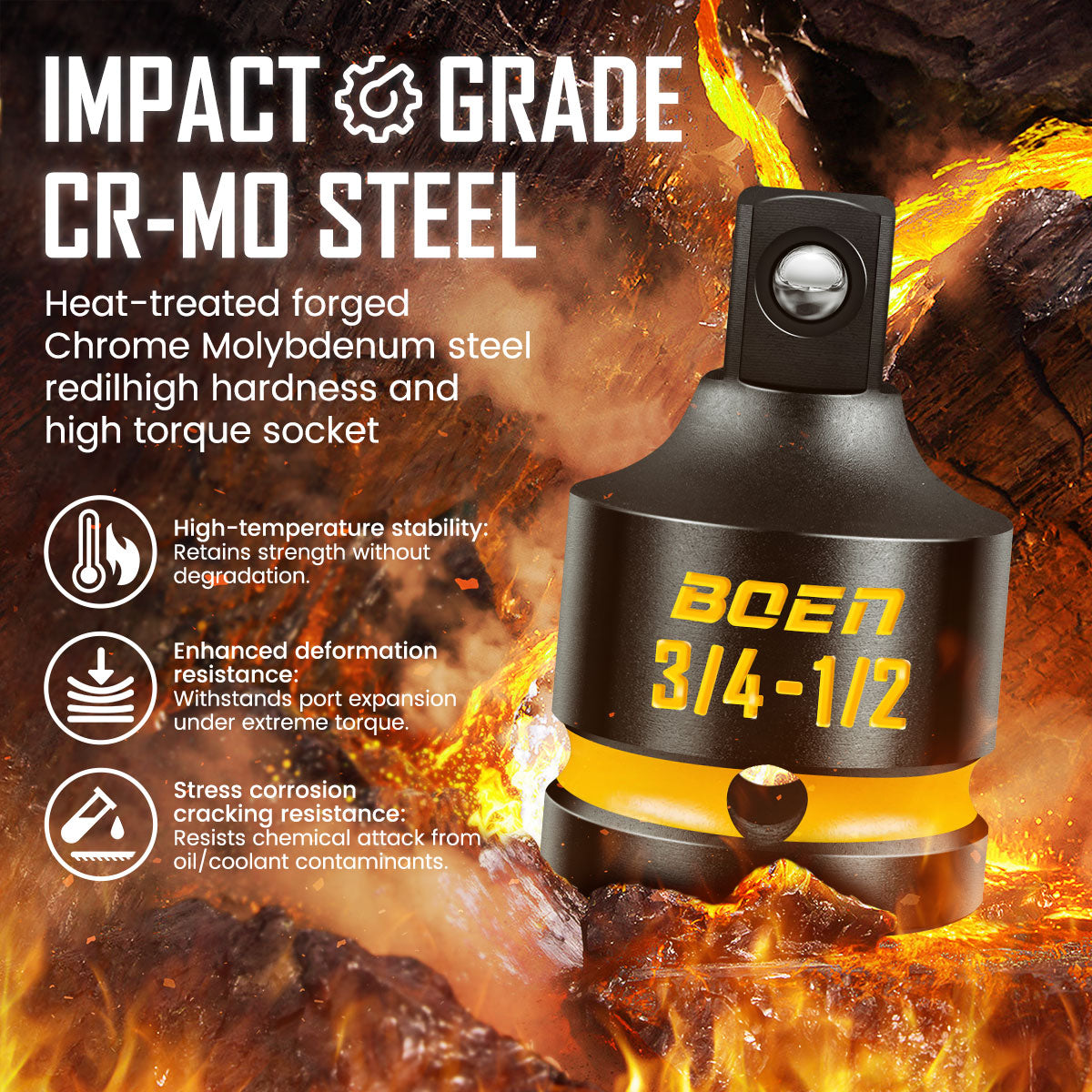 boen PRO 3/4" F to 1/2" M Impact Socket Reducer, Impact Driver Conversions for Impact Wrench, CR-MO Steel, Embossed and Painted Marking