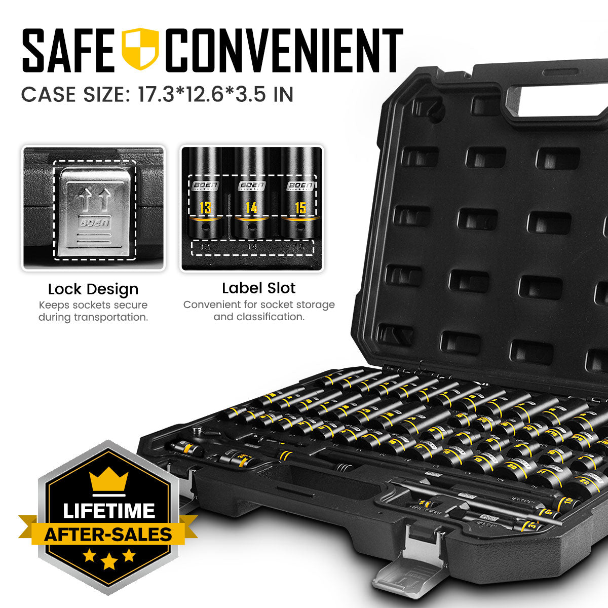 BOEN 3/8" Drive Impact Socket Set, 60PCS Metric (6-22mm) & Standard SAE (5/16"-3/4") Shallow & Deep Sockets, 6-Point Yellow Embossed Marking, with Ratchet Wrench & 7 x 10mm Sockets for Auto Repair