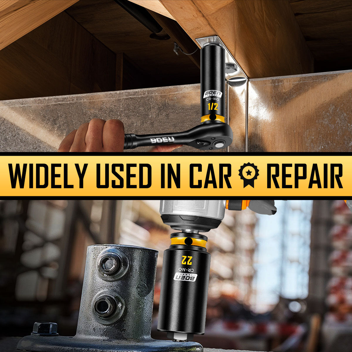 boen 3/8'' Drive Impact Socket Set, 50PCS Standard SAE (5/16 to 3/4 inch) and Metric (8mm-22mm), Deep & Shallow Size, 6-Point with Yellow Embossed Marking, CR-MO