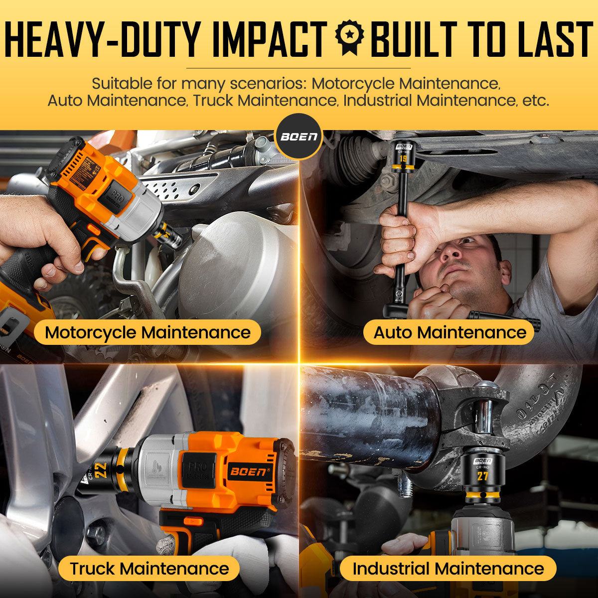 BOEN Pro 1/2" Drive Shallow Impact Socket Set, 14-Piece 6-Point Metric (10-19mm, 21, 22, 26, 27mm) Standard Socket Kit with Deep Embossed and Painted Marking, CR-MO, Includes Rugged PP Case