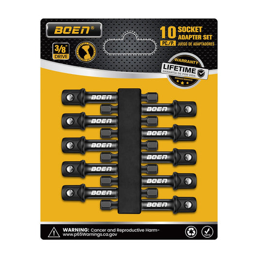 BOEN 10 - Piece 3/8" Drive Impact Grade Socket Adapter Set, 1/4 - Inch SAE Hex Shank Drill Bit Adapter for Power Drill to High Torque Impact Wrench - BOEN