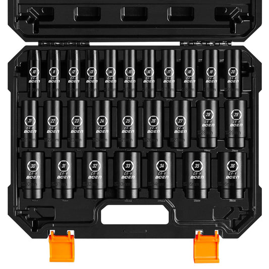 BOEN 10mm - 36mm 1/2” Drive Metric Socket Set, Impact Deep Socket, 6 - Point Axle Nut Socket, Rugged Construction, CR - V Steel, 27PCS - BOEN