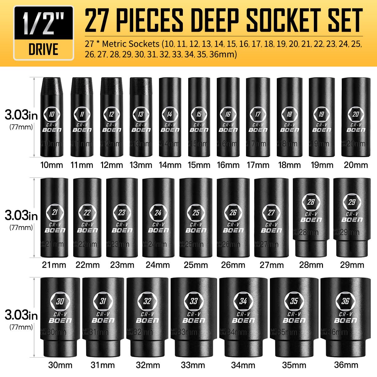 BOEN 10mm - 36mm 1/2” Drive Metric Socket Set, Impact Deep Socket, 6 - Point Axle Nut Socket, Rugged Construction, CR - V Steel, 27PCS - BOEN