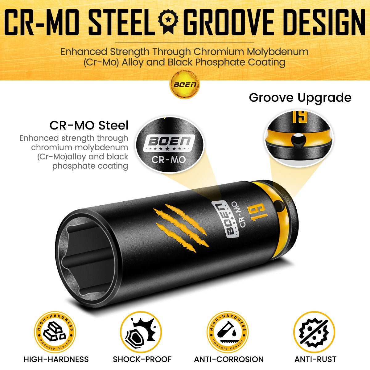 BOEN 1/2" Drive 19mm Deep Socket Set, Cr - Mo Steel, 6 - Point Design, Deep Embossed and Painted Marking, Yellow Groove, Black Phosphate Coating - BOEN