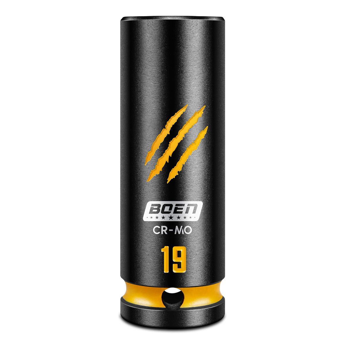 BOEN 1/2" Drive 19mm Deep Socket Set, Cr - Mo Steel, 6 - Point Design, Deep Embossed and Painted Marking, Yellow Groove, Black Phosphate Coating - BOEN