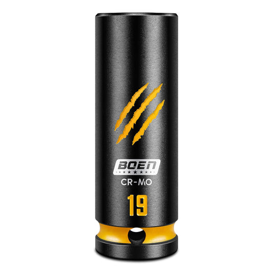 BOEN 1/2" Drive 19mm Deep Socket Set, Cr - Mo Steel, 6 - Point Design, Deep Embossed and Painted Marking, Yellow Groove, Black Phosphate Coating - BOEN