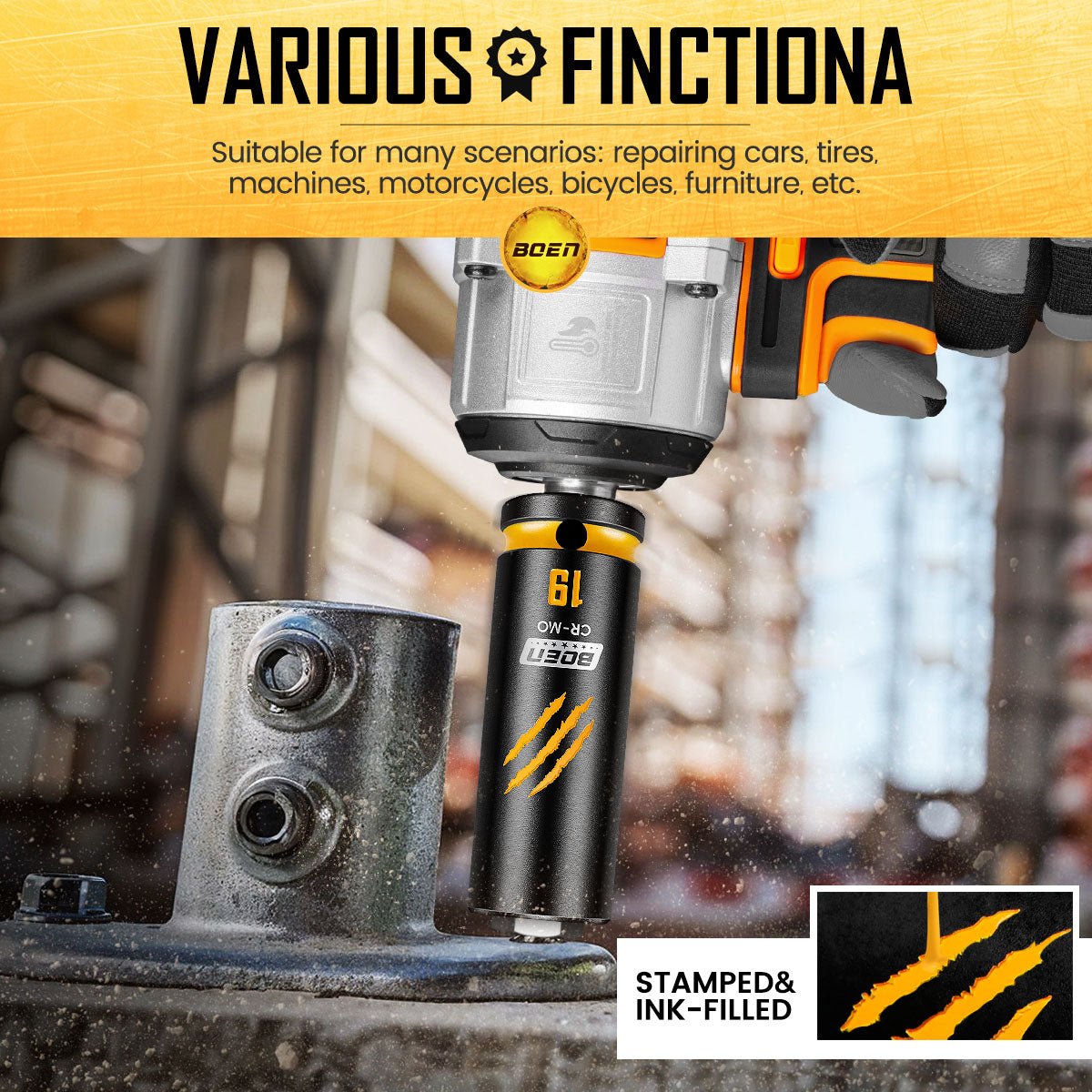 BOEN 1/2" Drive 19mm Deep Socket Set, Cr - Mo Steel, 6 - Point Design, Deep Embossed and Painted Marking, Yellow Groove, Black Phosphate Coating - BOEN