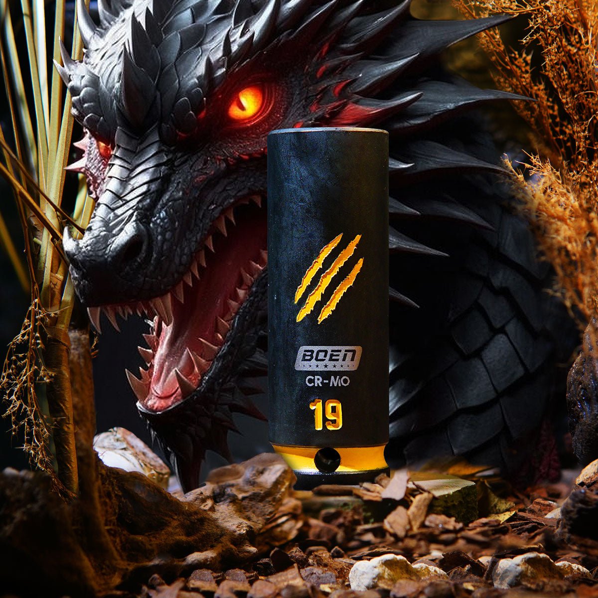 BOEN 1/2" Drive 19mm Deep Socket Set, Cr - Mo Steel, 6 - Point Design, Deep Embossed and Painted Marking, Yellow Groove, Black Phosphate Coating - BOEN