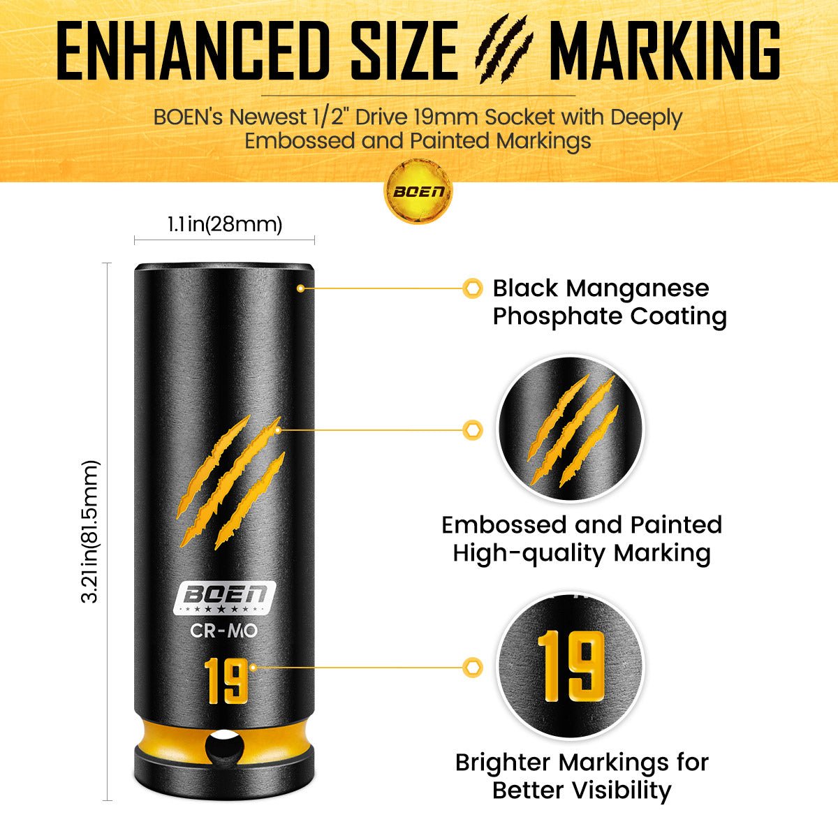BOEN 1/2" Drive 19mm Deep Socket Set, Cr - Mo Steel, 6 - Point Design, Deep Embossed and Painted Marking, Yellow Groove, Black Phosphate Coating - BOEN