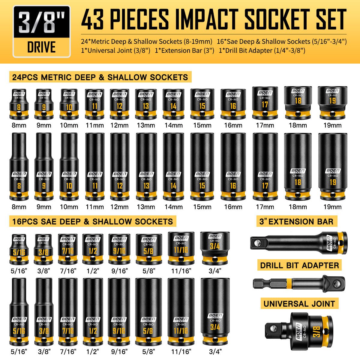 BOEN Pro 3/8" Drive Impact Socket Set 43 - Piece - BOEN