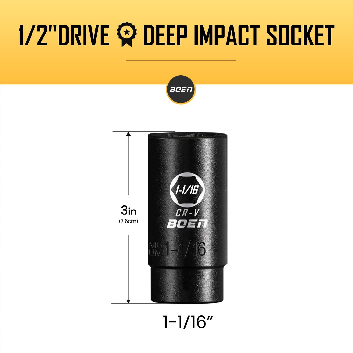 BOEN Tools 1/2" Dr 1-1/16 Inch SAE Shallow Impact Socket - BOEN