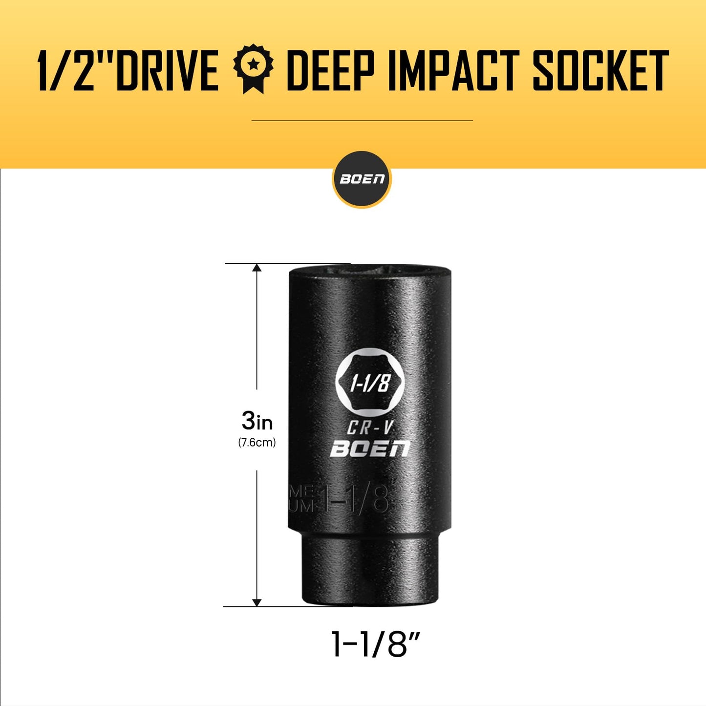 BOEN Tools 1/2" Dr 1-1/8 Inch SAE Shallow Impact Socket - BOEN