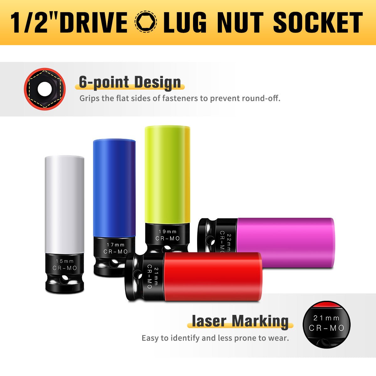 BOENTools 1/2" Dr Metric Color Lug Nut Deep Impact Socket Set 5Pcs - BOEN
