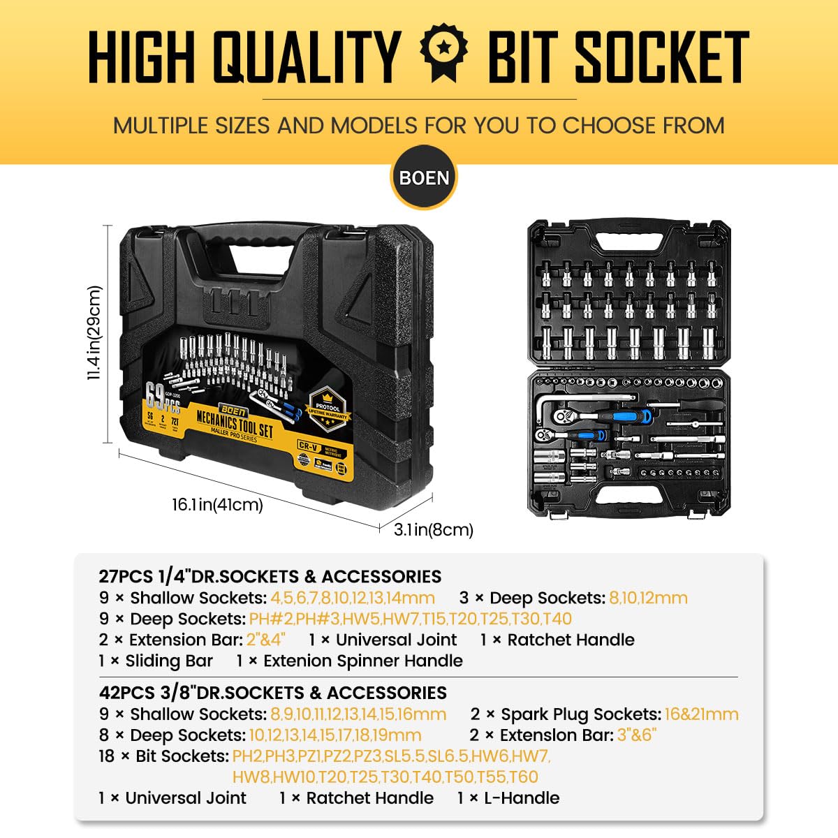 BOENTools 1/4" & 3/8" Drive Metric Wrench Socket Set 69Pcs - BOEN
