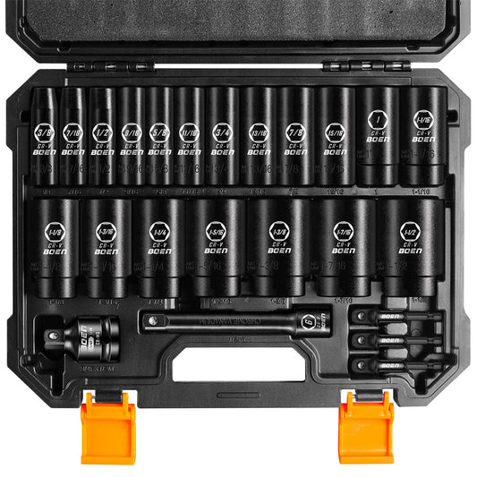 boen 1/2” Drive SAE Impact Socket Set, 3/8" to 1-1/2" Deep Socket, 6-Point Hex Socket with Portable Case, Rugged Construction, CR-V Steel, 24PCS