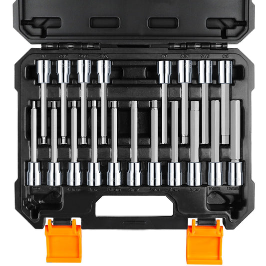BOEN 19-Piece 3/8 Inch Drive Extra Long Allen Hex Bit Socket Set, Standard SAE (1/8" - 3/8"), Metric (3mm-12mm), CR-V & S2 Alloy Steel, Reliable Mechanic Tool Kit