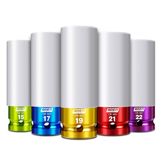 BOEN 1/2" Drive Impact Lug Nut Socket Set, 5 Pieces Non-Marring Thin Wall Wheel Protector Nut Socket, Metric (15 17 19 21 22) mm, Chrome Molybdenum Steel, 6 Point Design and Color Electroplate Finish