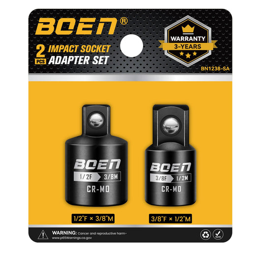 boen 2-Pieces Impact Socket Adapter and Reducer Set, 3/8"F to 1/2"M Adapter & 1/2"F to 3/8"M Reducer, Standard Square Driver & Wrench Conversion Kit, CR-MO Steel
