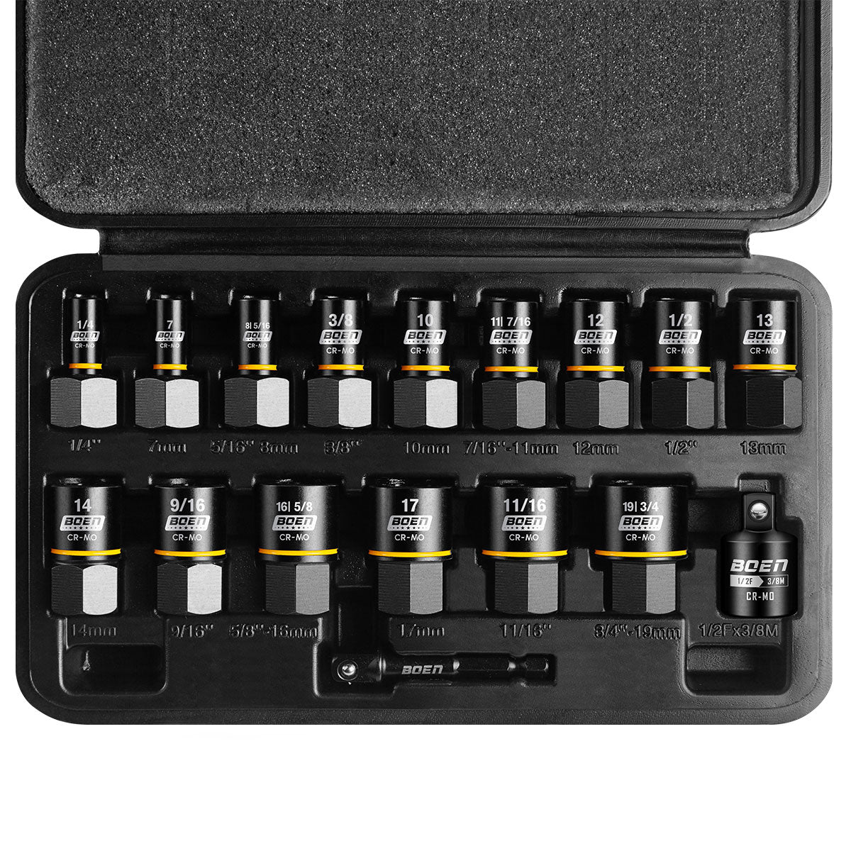BOEN Impact Bolt Extractor Kit 3/8 Inch Drive, 17-Piece Easy Out Lug Nut Exactor set For Damaged, Frozen, Studs, Rusted, Rounded-Off Bolts, Include Impact Reducer and Drill Bit Adapter, Cr-Mo Steel
