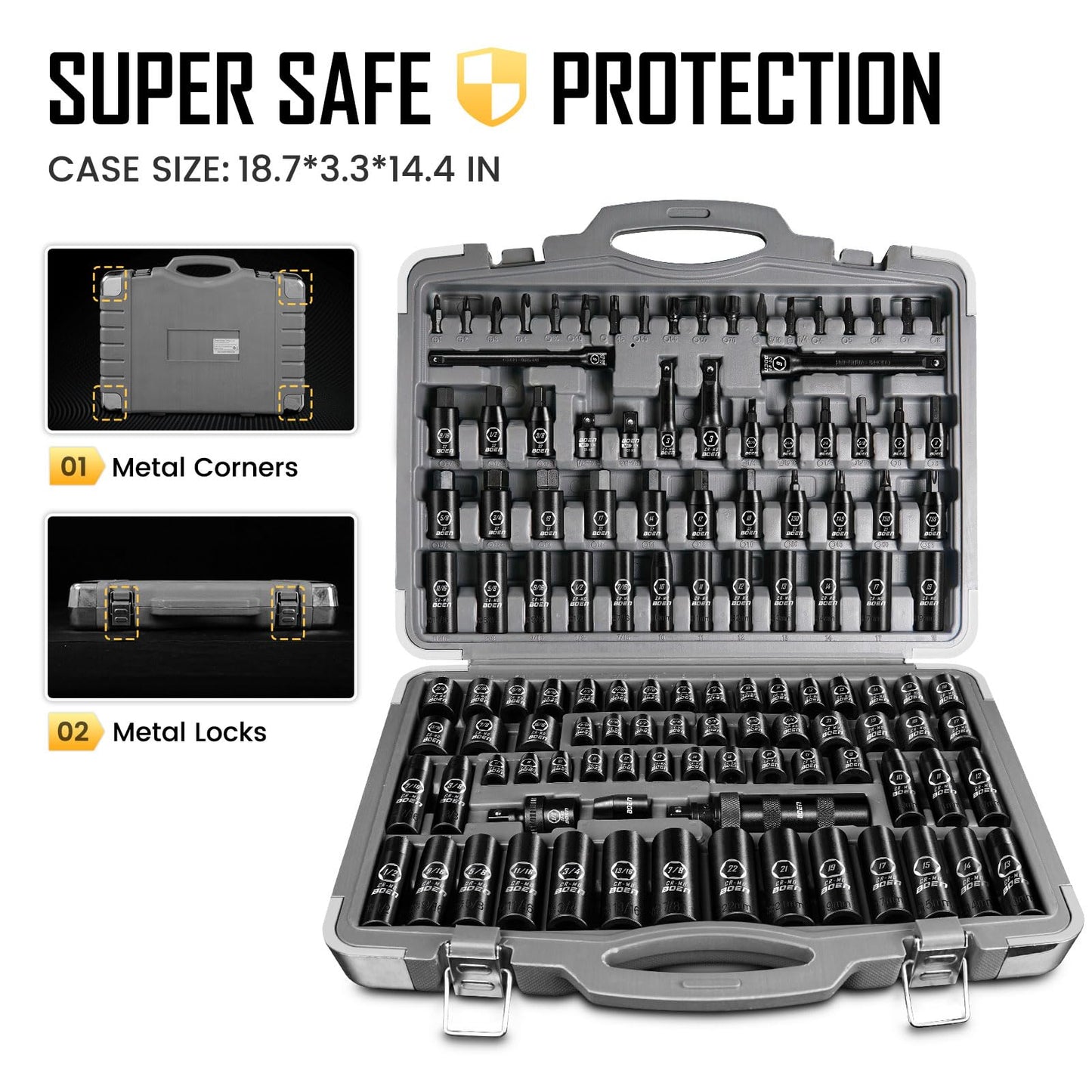 BOEN Tools 1/2" & 3/8" Deep Impact Socket Set Cr-MO -119 Pcs - BOEN