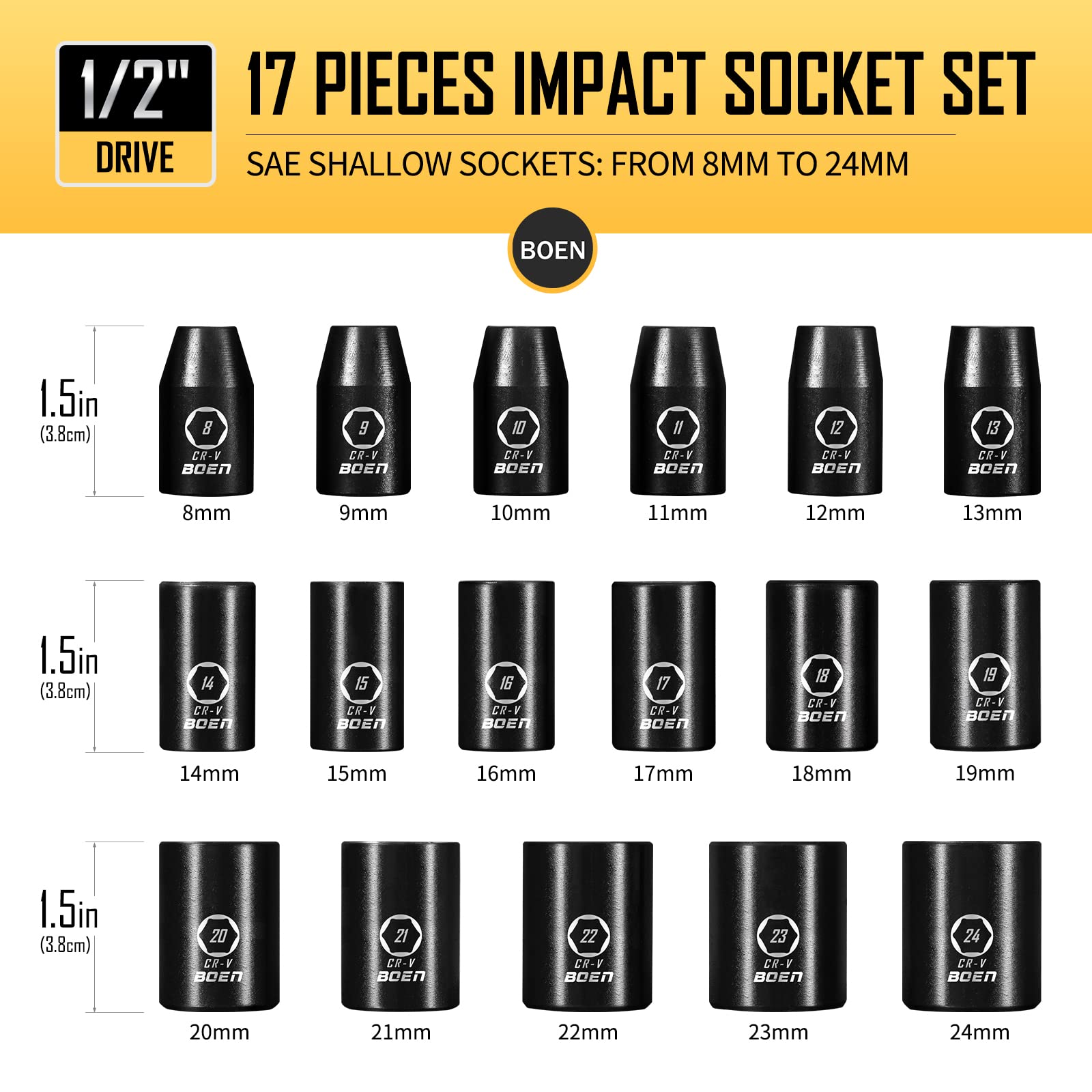 BOEN Tools 1/2" Drive Shallow Impact Socket Set Metric - 17 Pcs - BOEN