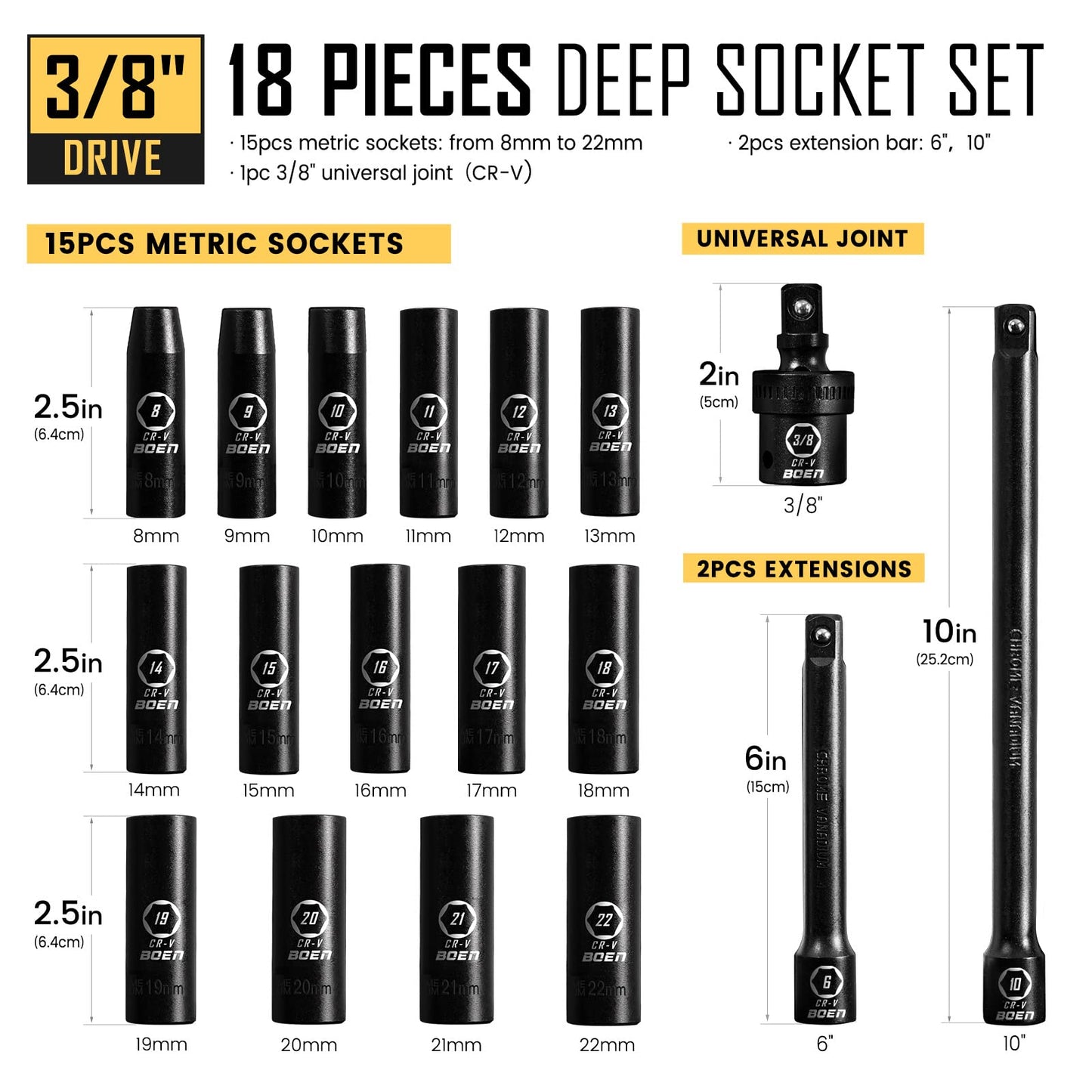 BOEN Tools 3/8" Dr Deep Impact Socket Tools Set-18 Pcs - BOEN