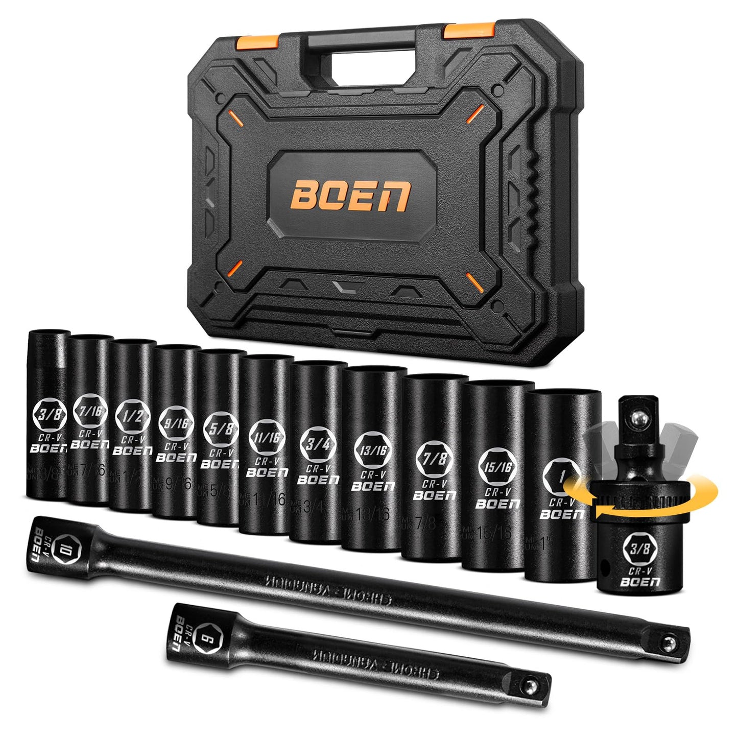 BOEN Tools 3/8 In. Driver Impact Deep Socket Set SAE -14 Pcs - BOEN
