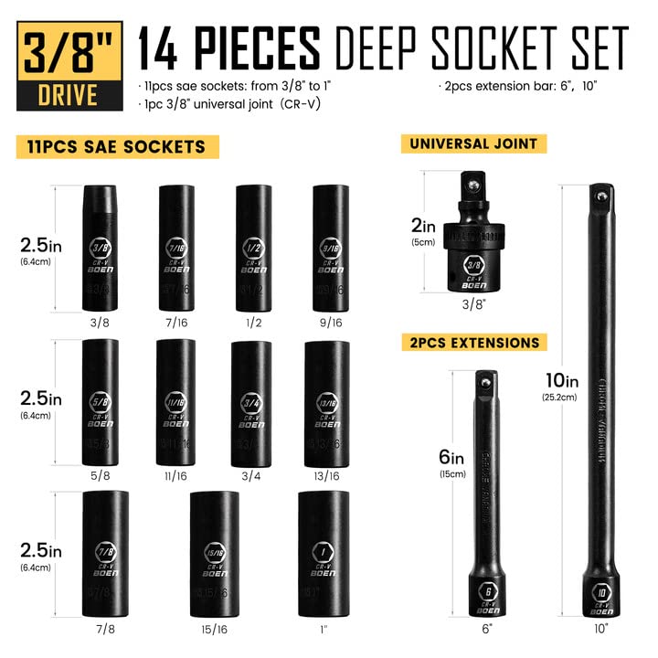 BOEN Tools 3/8 In. Driver Impact Deep Socket Set SAE -14 Pcs - BOEN