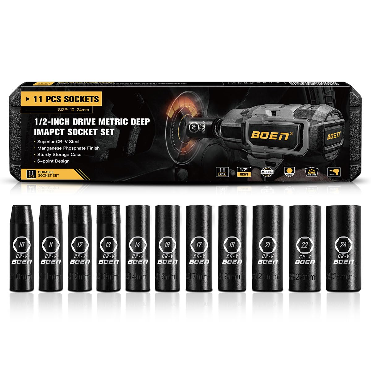 BOENTools 11Pcs 1/2" Drive Metric Impact Socket Set - BOEN