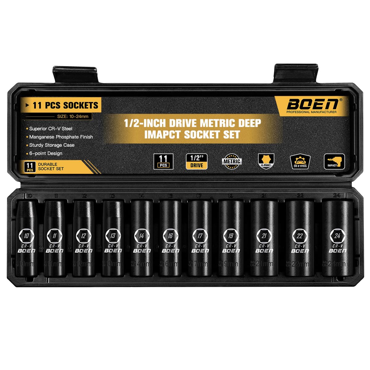 BOENTools 11Pcs 1/2" Drive Metric Impact Socket Set - BOEN