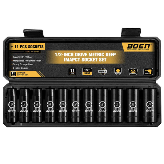 BOENTools 11Pcs 1/2" Drive Metric Impact Socket Set - BOEN