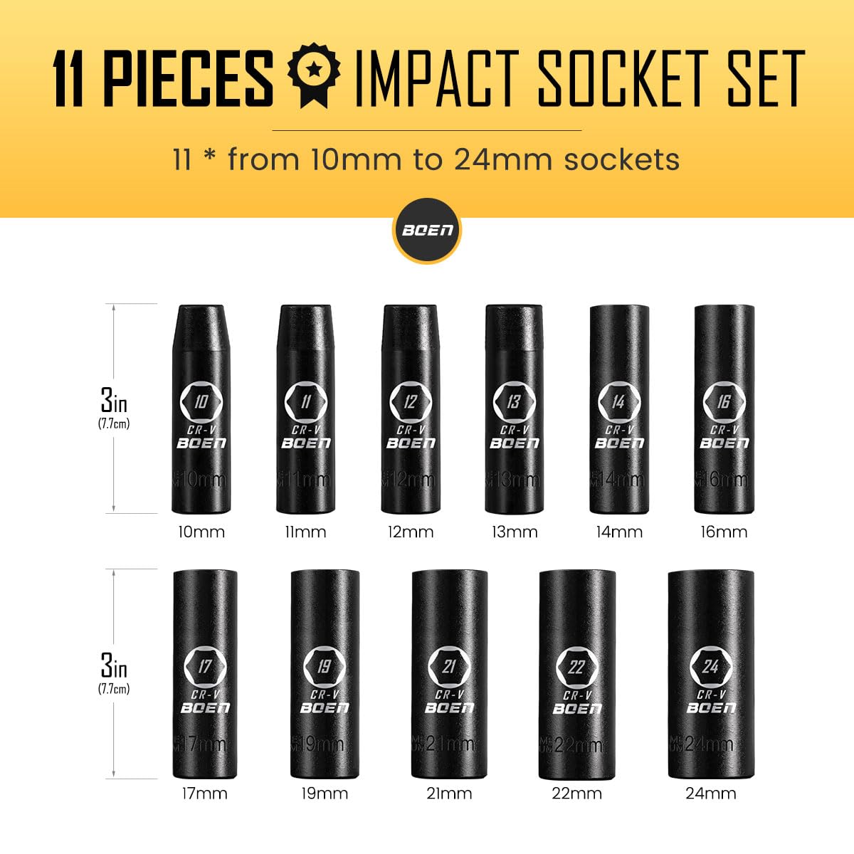 BOENTools 11Pcs 1/2" Drive Metric Impact Socket Set - BOEN