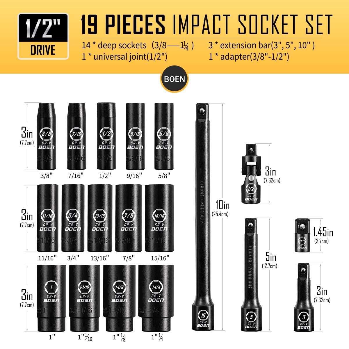 BOENTools 19Pcs SAE 1/2" Drive Socket Set