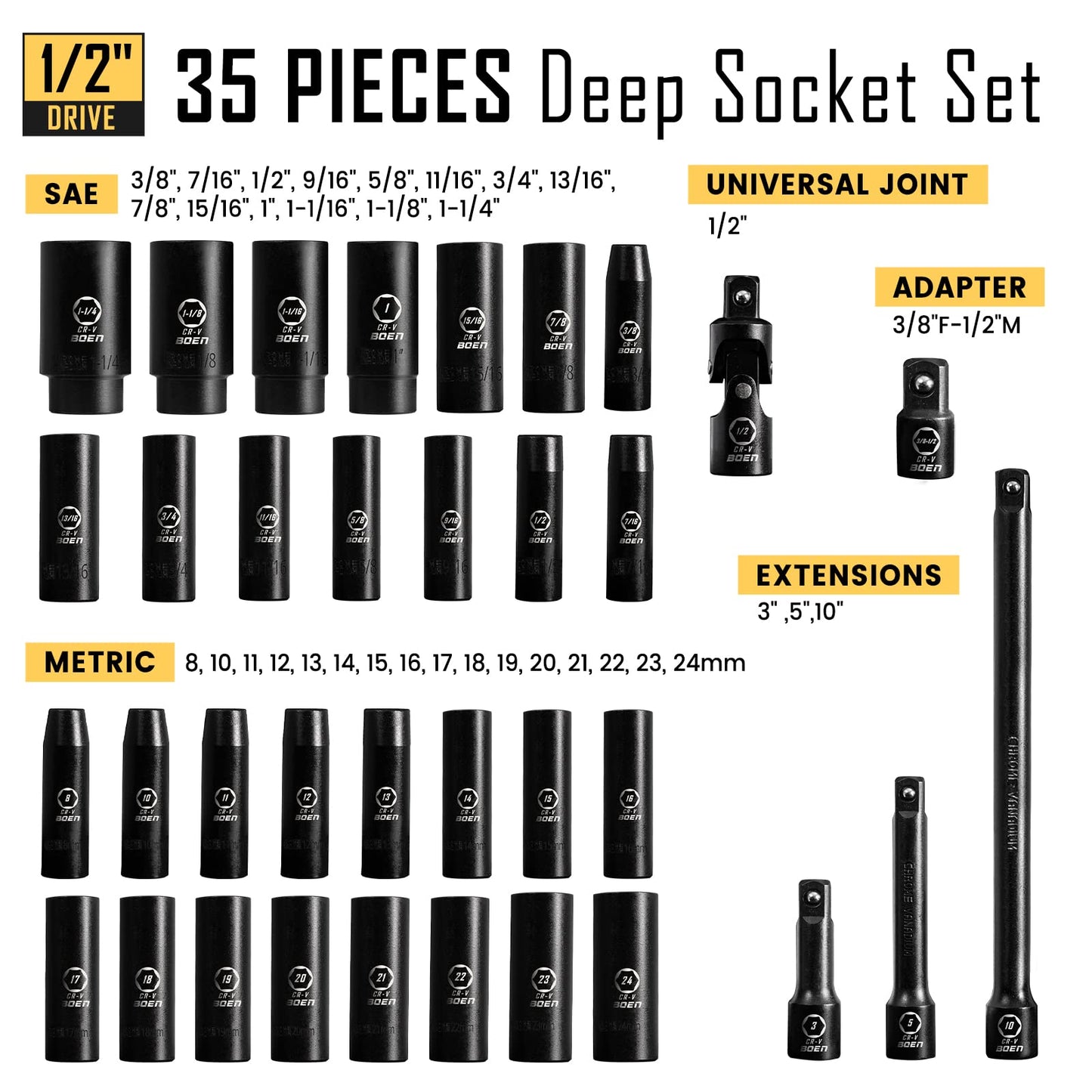 BOENTools 35pc 1/2" Impact Socket Set - SAE/Metric CRV - BOEN