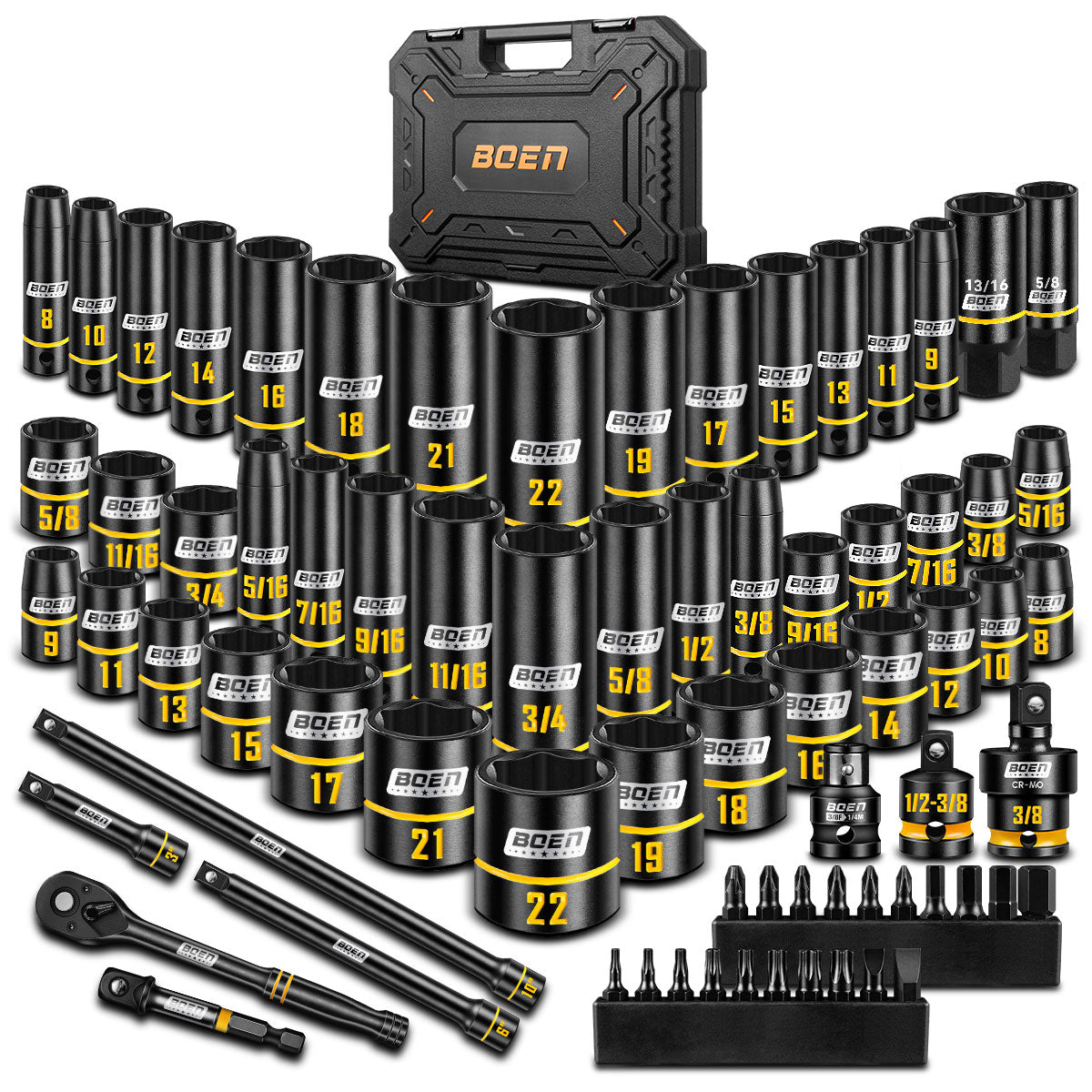 boen 3/8" Drive Impact Socket Set, 74PCS Metric (8-22mm) & SAE (5/16"-3/4"), 6-Point Deep Shallow Socket Set with Ratchet, Extension Bars, Spark Plug Sockets, Adapters, Yellow Embossed Marking, CR-V