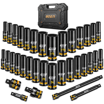 boen 1/2'' Drive Impact Socket Set, 35PCS SAE (3/8 to 1-1/4 inch) and Metric (8mm-24mm), Deep Socket Set, 6-Point with Yellow Embossed Marking, CR-MO