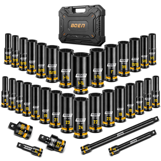 boen 1/2'' Drive Impact Socket Set, 35PCS SAE (3/8 to 1-1/4 inch) and Metric (8mm-24mm), Deep Socket Set, 6-Point with Yellow Embossed Marking, CR-MO