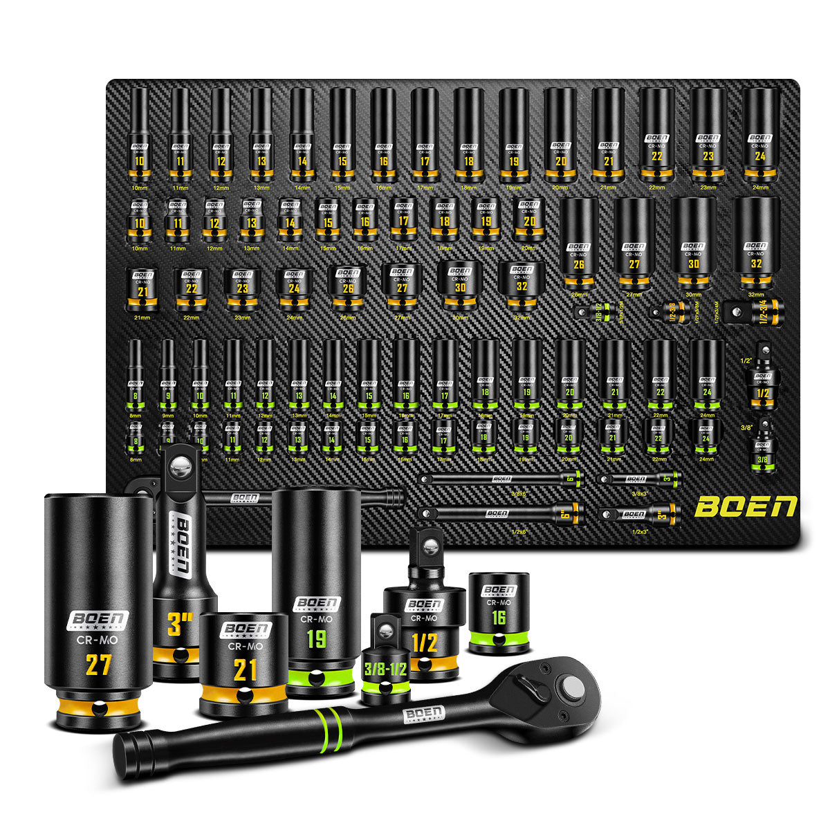 BOEN Pro 80-Pieces 1/2" & 3/8" Drive Master Impact Socket Set, 6 Point Metric Deep & Shallow Sockets (8-32mm), Cr-Mo, Includes 1/2" Drive 90-Tooth Ratchet Wrench for High-Torque Applications