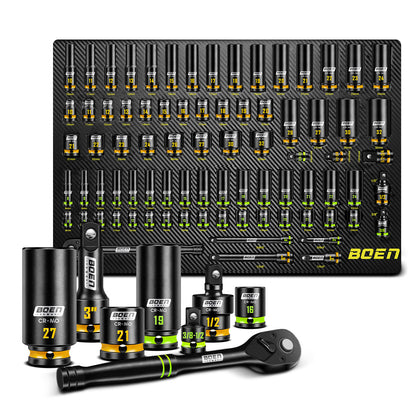 BOEN Pro 80-Pieces 1/2" & 3/8" Drive Master Impact Socket Set, 6 Point Metric Deep & Shallow Sockets (8-32mm), Cr-Mo, Includes 1/2" Drive 90-Tooth Ratchet Wrench for High-Torque Applications