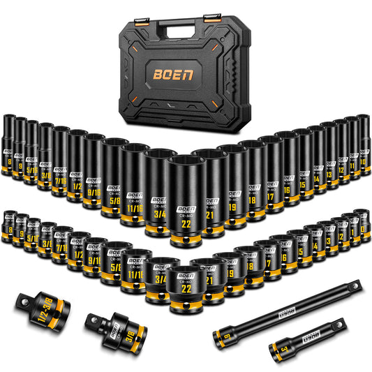 boen 3/8" Drive Impact Socket Set, 48-Piece Metric & SAE Size (8-22mm & 5/16"-3/4"), 6-Point Deep & Shallow Socket Set with Extension Bars, Adapter and Universal Joint, CR-MO Steel