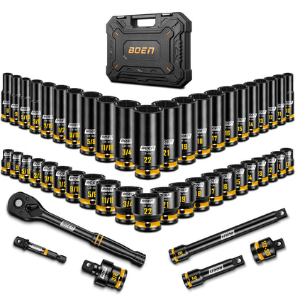 boen 3/8'' Drive Impact Socket Set, 50PCS Standard SAE (5/16 to 3/4 inch) and Metric (8mm-22mm), Deep & Shallow Size, 6-Point with Yellow Embossed Marking, CR-MO