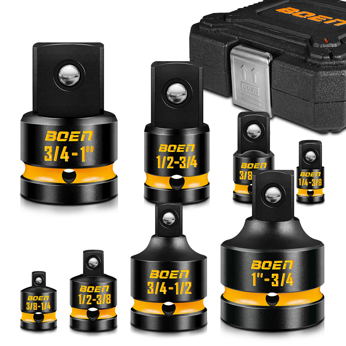 BOEN 8-Piece Impact Socket Adapter & Reducer Set, 1/4, 3/8, 1/2", 3/4", Cr-Mo Steel Impact Driver & Wrench Conversion Kit with Deep Embossed and Painted Marking