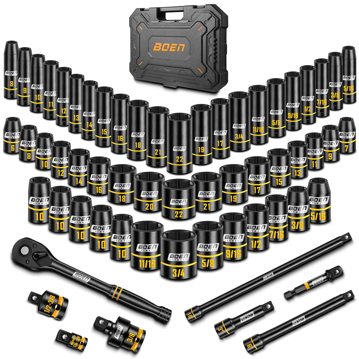 BOEN 3/8" Drive Impact Socket Set, 60PCS Metric (6-22mm) & Standard SAE (5/16"-3/4") Shallow & Deep Sockets, 6-Point Yellow Embossed Marking, with Ratchet Wrench & 7 x 10mm Sockets for Auto Repair
