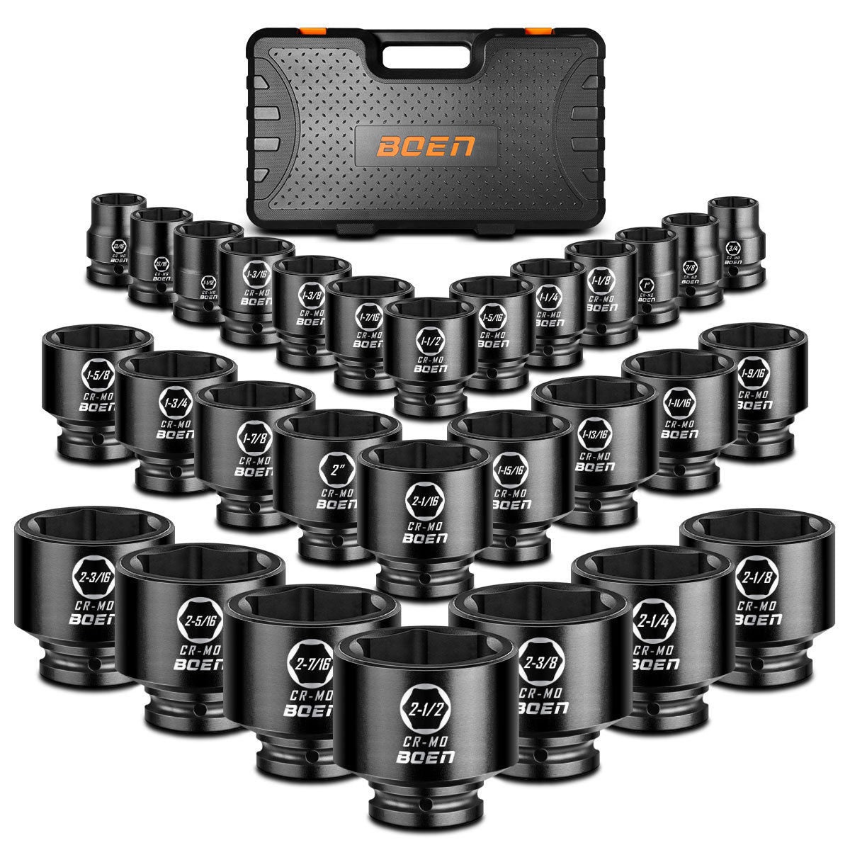 Boen 3/4" Drive SAE Impact Socket Set, 3/4 inch - 2-1/2 inch Large Sockets, 6-Point Sockets, Rugged Construction, CR-MO, Standard Socket Set, 29PCS with Storage Case