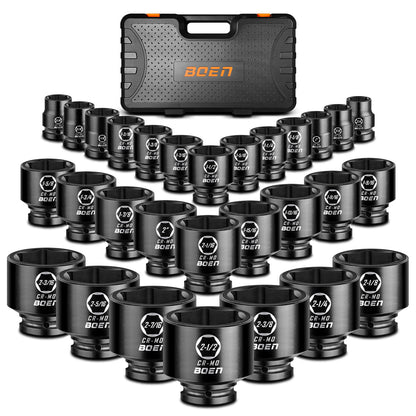 Boen 3/4" Drive SAE Impact Socket Set, 3/4 inch - 2-1/2 inch Large Sockets, 6-Point Sockets, Rugged Construction, CR-MO, Standard Socket Set, 29PCS with Storage Case
