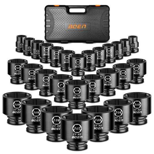 Boen 3/4" Drive SAE Impact Socket Set, 3/4 inch - 2-1/2 inch Large Sockets, 6-Point Sockets, Rugged Construction, CR-MO, Standard Socket Set, 29PCS with Storage Case