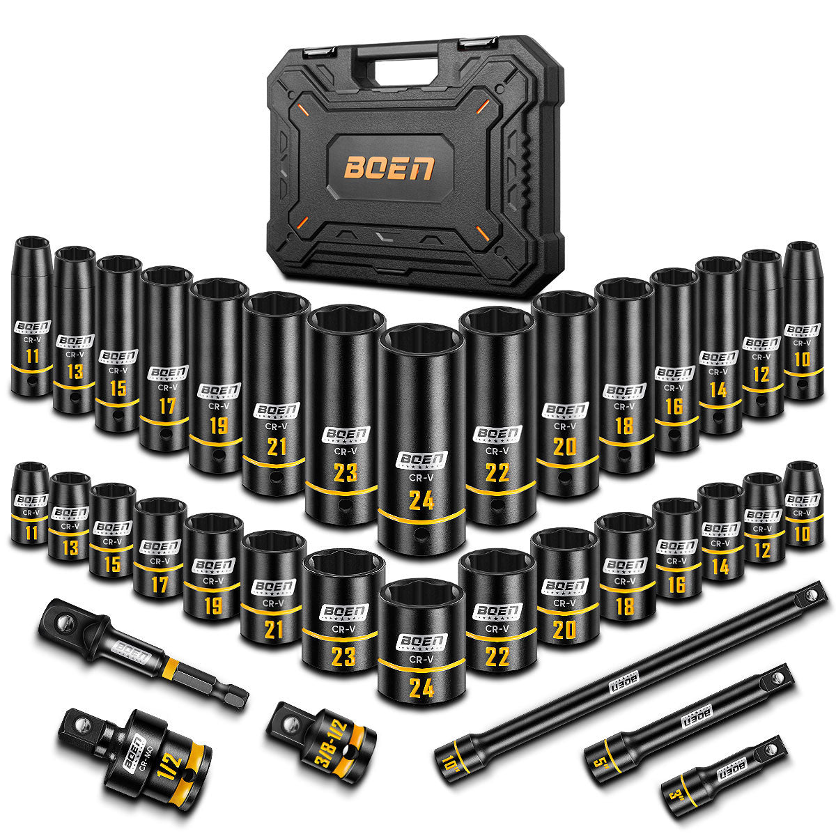 boen 1/2" Drive Impact Socket Set, 36PCS Metric (10-24mm) Deep & Shallow Sockets, 6 Point Design, with Extension Bars, Adapters, Universal Joint, Yellow Embossed Marking